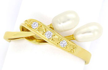 Foto 1 - Perlen Ring mit Diamanten und 2 Biwa Perlen in 14K Gold, R8501
